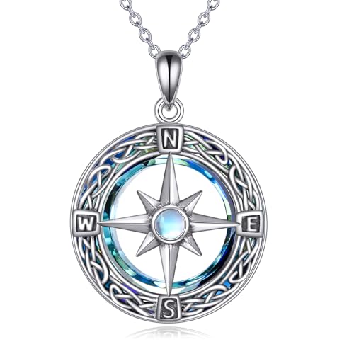 Compass Necklace 925 Sterling Silver Celtic Knot Compass Pendant Necklaces Crystal Compass Jewellery for Women Men Retirement, Graduation Gift