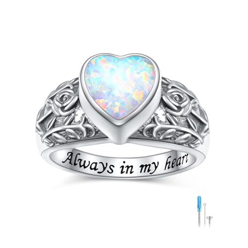 Flyow Urn Ring for Ashes 925 Sterling Silver Opal Rose Memorial Keepsake Jewelry Always in My Heart Cremation Ring for Women Men R 1/2