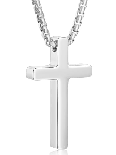 Aretas Stainless Steel Cross Pendant Necklace for Men Boys, Christian Confirmation Baptism Cross Chain with 16-24 Inches Jewelry Easter Gifts 18inch Silver