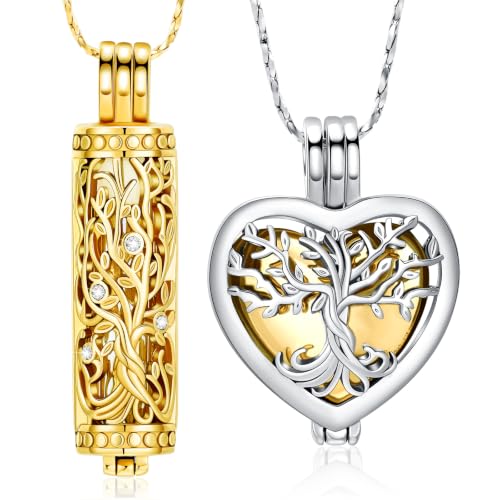 Tree of Life Urn Necklaces for Ashes Heart Shape Cremation Jewelry Memorial Keepsake Jewelry Gifts for Women Men Memorial Lockets Ashes Holder for Pet 2pcs-Silver gold