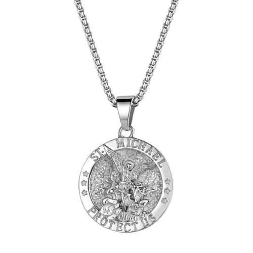 Flong Saint Michael Pendant Necklace: Catholic Archangel Medal Necklace Religious Amulets Jewelry Gifts for Men With Card silver