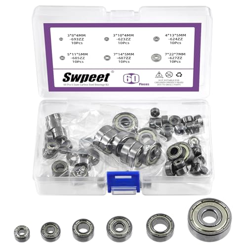 Swpeet 60Pcs 6 Sizes 693ZZ, 623ZZ, 624ZZ, 685ZZ, 687ZZ,627ZZ Ball Bearings Assortment Kit, Carbon Steel Deep Groove Bearings, Double Shielded Bearings