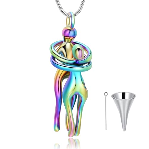 Couples Cuddle Cremation Jewelry for Ashes Lovers Hug Urn Necklace Never Keepsake Memorial Urn Pendant for Ashes Holder of Loves Ones Couple Jewellery Rainbow