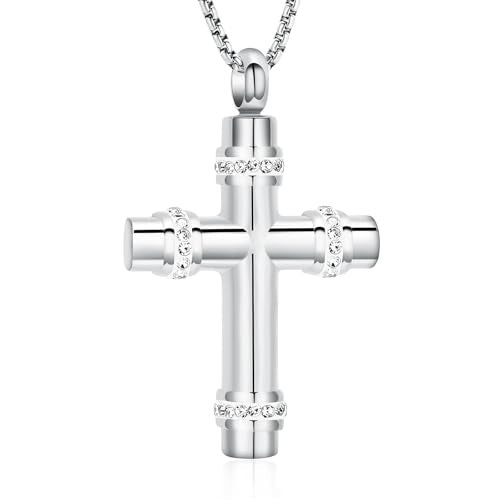 Cross Urn Necklaces for Ashes for Women Men Crystal Cross Cremation Jewelry Memorial Locket Pendant Necklace Keepsake Cross Urn Pendant for Ashes Holder Jewellery Silver
