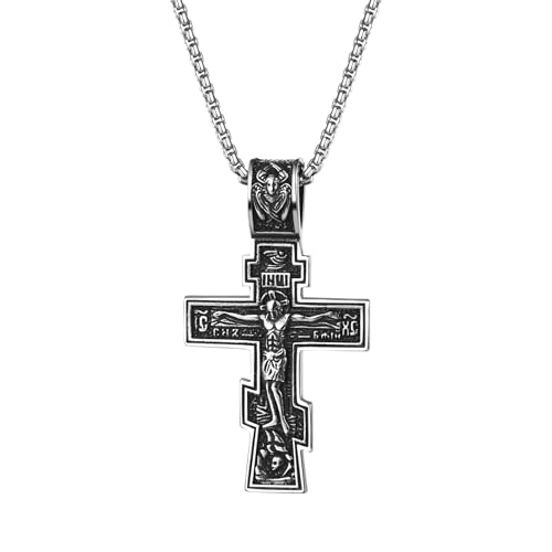 Flonge Vintage Orthodox Cross Necklace: Eastern Orthodox Cross Necklace Stainless Steel Cross Pendant Crucifix Necklaces silver
