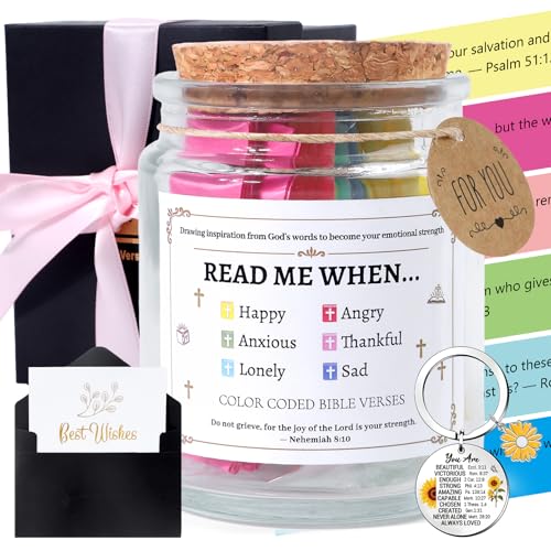 Bible Verse in a Jar, 5Pcs Christian Gifts for Women, Read Me When Bible Verse Jar with Christian Keychain, Prayer Jar with 90Pcs Color Coded Scriptures Pink Ribbon, Easter Graduation Gift Christian Gifts Set