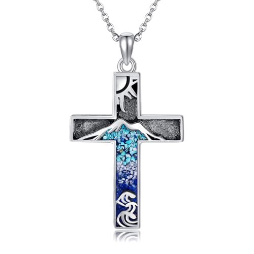 DAYLINLOVE Cross Necklace for Men S925 Sterling Silver Bible Verse/Mountain Angel Wings/Cruz De Caravaca/Celtic Knot/Claddagh/Malachite Pendant Necklace Cross Jewelry Gifts for Men Women Mountain
