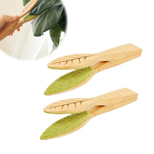 2PCS Leaf Cleaning Tongs,Plants Leaf Cleaning Tongs,Plant Cleaning Brushes,Plant Leaf Lint Cleaner with Wood Handle, with Soft Microfiber, Leaf Cleaning Tools (A71-2)