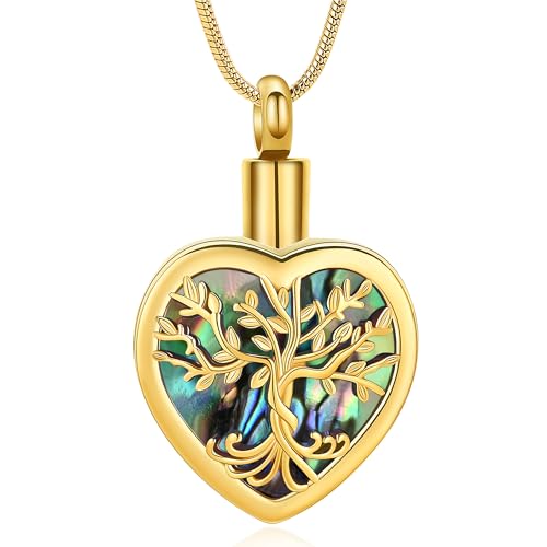 Tree of Life Heart Urn Necklace for Ashes for Human Pet Stainless Steel Cremation Jewelry Keepsake Memorial Jewelry for Loved One Gold