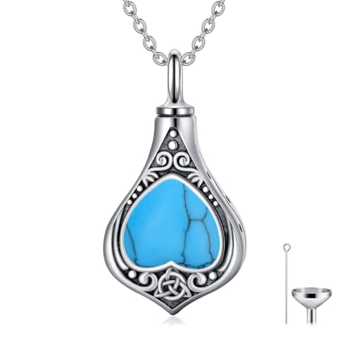Urn Necklace for Ashes Sterling Silver Cremation Jewelry Bereavement Gifts for Women Celtic-Turquoise Heart
