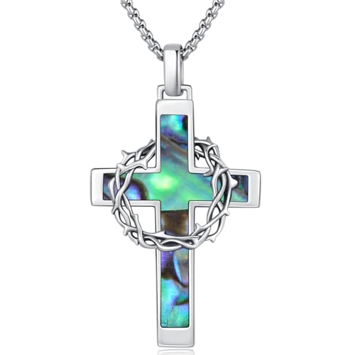 Cross Necklace for Men Women 925 Sterling Silver Cross Pendant Christian Necklace Religious Jewellery Birthday Gifts for Men Women A01-Cross Thorns Abalone