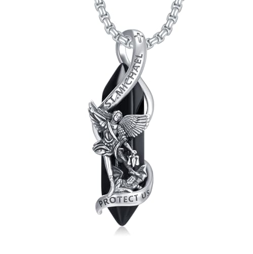 Seiyang Saint Necklace 925 Sterling Silver St Michael/St Christopher/St Jude/Saint Benedict/Knights Templ/Saint Patrick Pendant Necklace Amulet Protection Jewellery for Men Silver and black