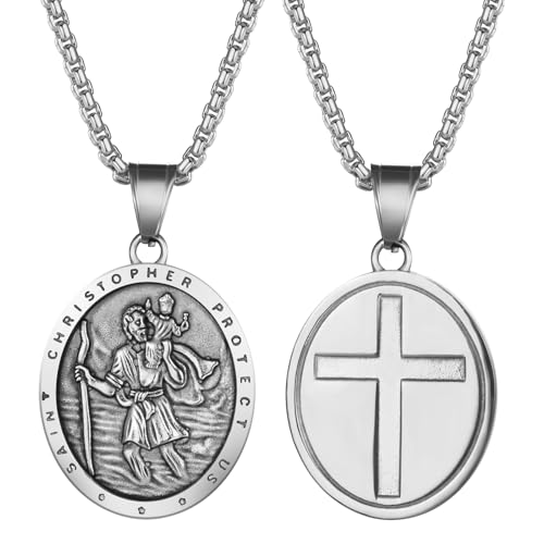 Flonge Men's Saint Christopher Necklace: Stainless Steel St Christopher Medal Necklace Religious Amulet Jewelry Gift For Men Silver