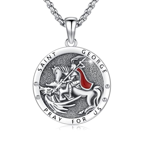 Saint George Necklace 925 Sterling Silver Saint Medal Chain Protect Us Amulet Jewelry Gift for Men Women with 2.5mm 22+2 inch Rolo Chains