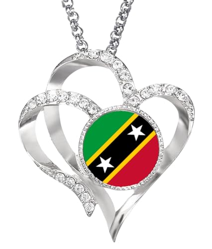 Saint Kitts And Nevis Caribbean Heart Shaped Silver Colour Necklace And Diamante Pendant And Gift Box