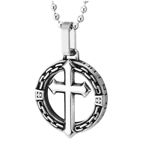COOLSTEELANDBEYOND Stainless Steel Cross Pendant Necklace for Men, Gothic Templar Knight Medallion with Chain Edge, Religious, Stainless Steel, No Gemstone