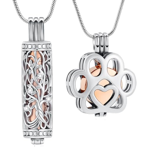 Cremation Jewelry for Ashes For Dog/Cat Paw Print Stainless Steel Memorial Locket Urn Necklace Inside Mini Case Keepsake for Pet A-Silver+Rose Gold-2PC