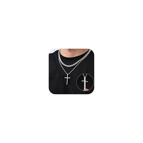 XUANPAI Men's Stainless Steel Cross Necklace - 2PC Silver Set with Sturdy Cuban Box Chain Inspirational Bible Verse Engraving Easter Birthday Gifts for Teens Religious Jewelry 17.7 inch/19.7 inch MATTHEW 19:26