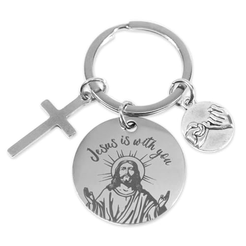 Jesus Is With You Keychain, Funny Double-Sided Cross Christian God Key Chain, Novelty Bible Verse Key Ring, Religious Gift for Women Men, Pinky Swear Charm, Inspirational Easter Baptism Accessories