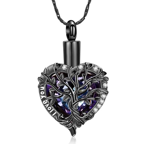 Tree of Life Urn Necklace for Ashes Heart Cremation Jewelry Urns Pendant Keepsake Funeral Urns Memorial Lockets for Women Men Black&Purple