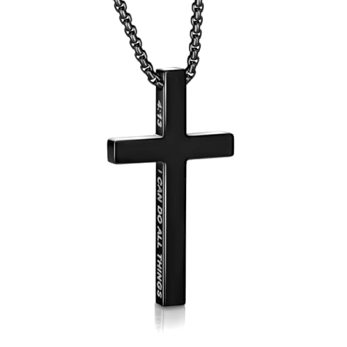 Mens Cross Necklace Cross Pendant Necklaces Chain for Men Stainless Steel Bible Philippians 4:13 Christian Necklace for Men Valentines Gifts 19" 21" 23" Silver/Gold/Black Mens Jewellery Black 1 23“