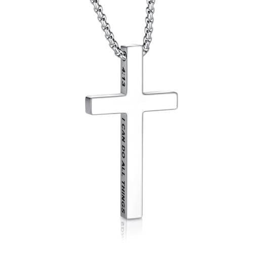 Mens Cross Necklace Cross Pendant Necklaces Chain for Men Stainless Steel Bible Philippians 4:13 Christian Necklace for Men Valentines Gifts 19" 21" 23" Silver/Gold/Black Mens Jewellery Silver 1 21”
