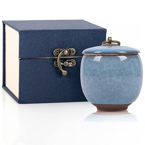 Small Urns for Human Ashes,Ceramic Memorial Mini Ashes Urns,Hold 5.5 Cubic Inches of Ashes,For Human Or Pet Ashes,Beautiful Mini Sharing Funeral Urns with Exquisite Box (Light blue) Light Blue