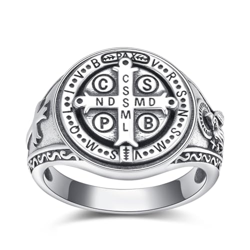 ADMETUS St Benedict Ring for Men 925 Sterling Silver Saint Benedict Ring Exorcism San Benito Medalla Rings for Men Protection Jewellery Religious Gifts Rings Size P1/2