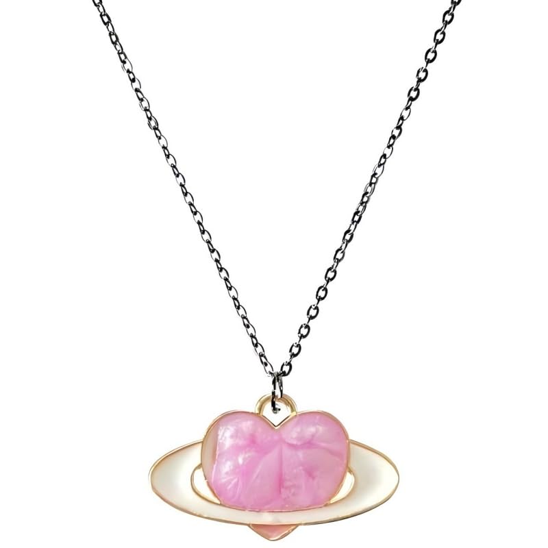 Cute Enamel Pink Heart Planet Necklace Pendant Dainty Silver Plated Chain Jewelry for Women Birthday Party Gifts, 18 inch, Medium, Base Metal, No Gemstone, Medium, Metal, No Gemstone