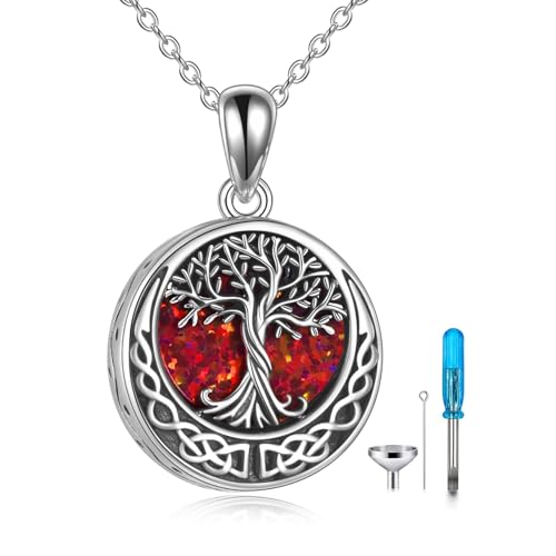 ONEFINITY Tree Of Life Urn Necklaces For Ashes Sterling Silver Opal Tree Of Life Cremation Jewelry For Ashes Memory Jewellery For Women Men Red Opal Tree