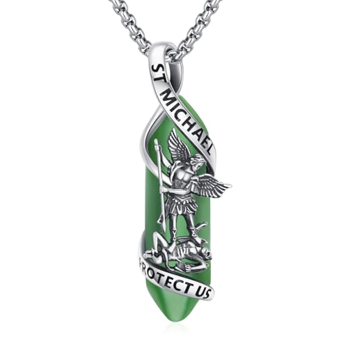 Saint Michael Necklace 925 Sterling Silver Holy Patron Saint Pendant Amulet Jewellery Gift for Men Christmas Birthday Anniversary Jewellery Gift Dark Green Crystal St. Michael Necklace