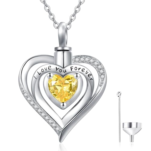 TANGPOET Birthstone Ashes Necklace 925 Sterling Silver Heart Urn Necklace Cremation Jewellery for Ashes Pendant for Women Girls with Funnel Filler Kit 11-Nov