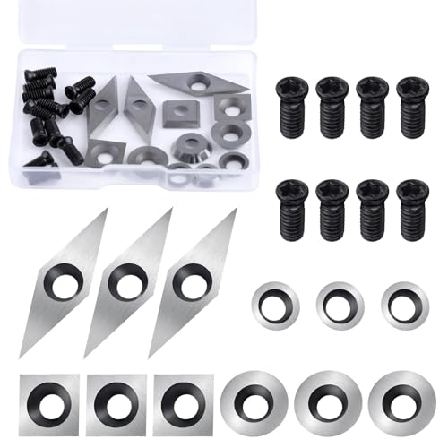 SPEEDWOX 12 Pieces Tungsten Carbide Cutters Inserts Set for Wood Lathe Turning Tools Include 11mm Square with Radius,12mm and 8.9mm Round,31mm 10mm Diamond with Sharp Point, 12 Pieces Screws