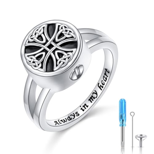 Celtic Urn Ring S925 Sterling Silver Always in My Heart Cremation Urn Ring for Ashes Keepsake Cremation Jewelry Memorial Rings for Women Cross R 1/2