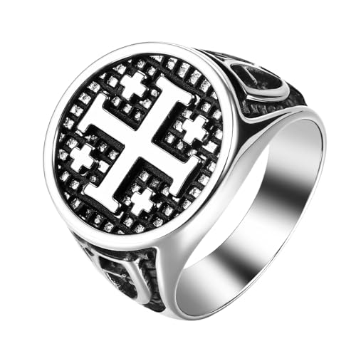 Flonge Cross Ring for Men: Jerusalem Cross Stainless Steel Ring Religious Cross Signet Rings Christian Baptismal Amulet Gift 11(V1/2)