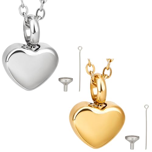 CREATCABIN 2 Packs Heart Urn Necklaces for Ashes, Silver & Gold