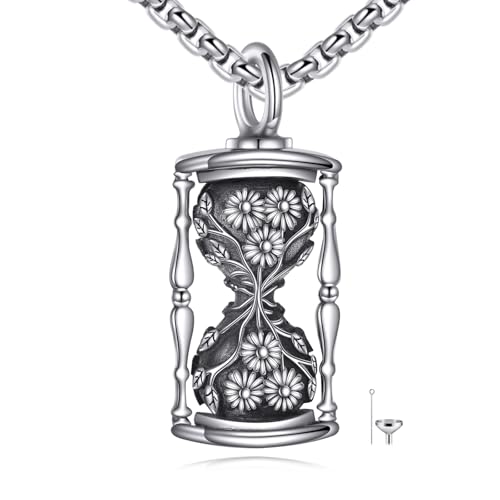 URONE Hourglass Urn Necklace for Ashes 925 Sterling Silver Hourglass with Daisy Flower Ashes Pendant Cremation Jewellery Memorial Gifts for Loved Ones Ashes