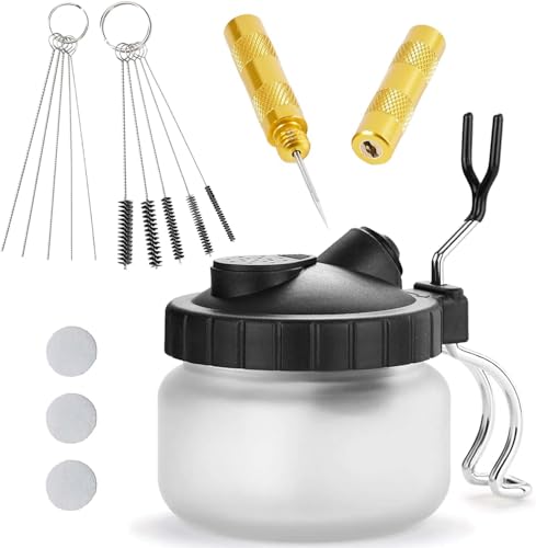Airbrush Wash Pot Cleaning Kit, Stainless Steel Jar with 5 Nozzles, 5 Cleaning Brushes, Needle Wrench Heavy Duty Maintenance Tools for Model Making & Crafts