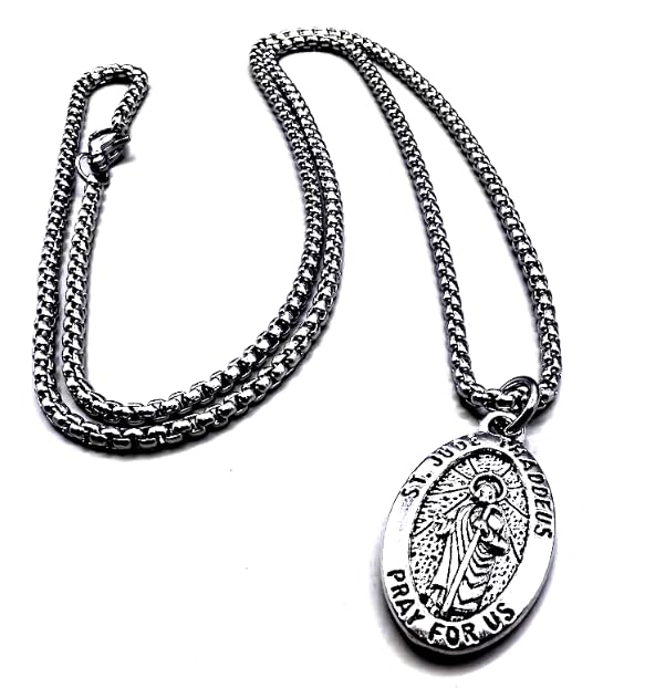 Antique Silver St Jude Thaddeus Medal Necklace on a 24'' Stainless Steel Chain in a Velvet, Drawstring Gift Bag
