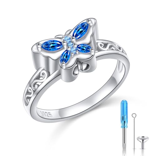 Butterfly Urn Rings for Ashes for Women 925 Sterling Silver Cremation Rings Memorial Keepsake Urn Locket Jewelry for Ashes of Loved Ones R 1/2