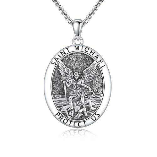 VONALA St Michael Necklace for Men 925 Sterling Silver Saint Michael Archangel Michael Necklace Amulet Protection Catholic Jewelry for Women Men