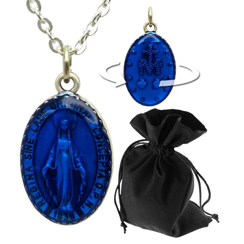 Miraculous Medal Necklace, Blue Stainless Steel, Pendant 3cm,
