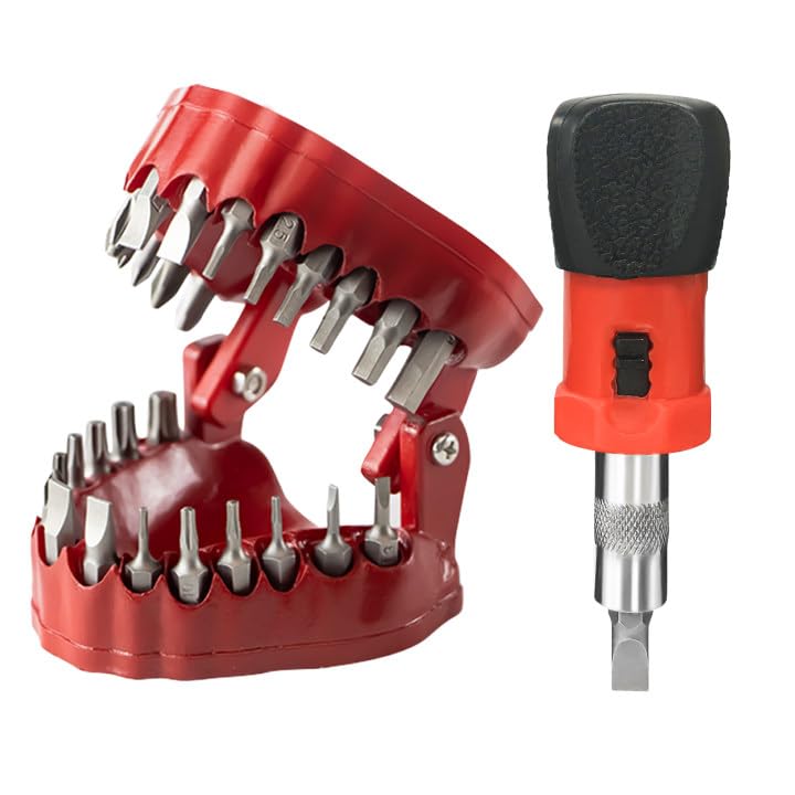 Varesee Denture Drill Bit Holder, Gag Gift for Dentist, Mouth Bit Holders, 3D Sculpture Desk Decor, Teeth Holder, 28PCS 1/4” Hex Bit, 3-in-1 Screwdriver, Desk Gadget red