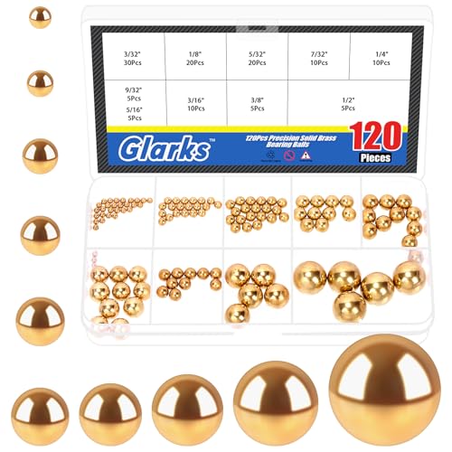 Glarks 120pcs 3/32’’-1/2’’ 10 Sizes Precision Solid Brass Bearing Balls Assortment, Yellow Brass Hardness Round Ball, Industrial Bearing Balls for for Machinery, Automotive, Valves, Ball Mill 3/32"-1/2"