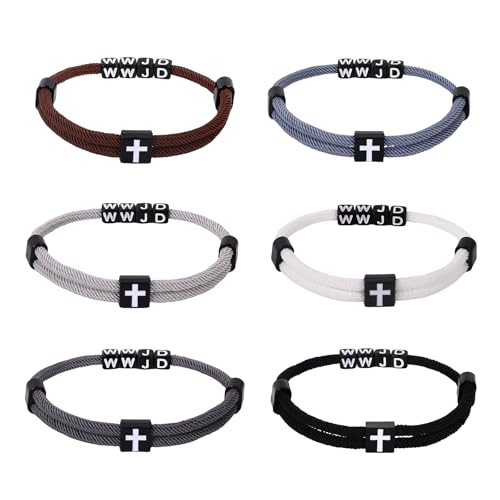 Flonge 6 Pcs WWJD Bracelet: Christian Cross Braided Bracelet Adjustable Rope with Wristband Knot Religious Gift for Men Women