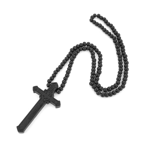 HZMAN Large Natural Wooden Crucifix Cross Necklace for Men Handmade Prayer Rosary Beads Necklace Pendant Catholic Jewelry Gift