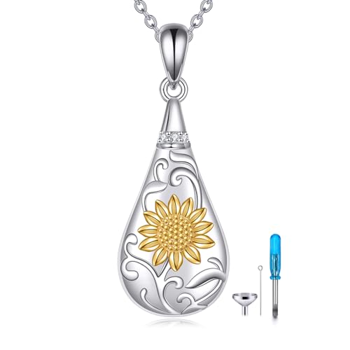 YFN Sterling Silver Sunflower Teardrop Urn Necklace - Cremation Jewelry for Ashes, Memorial Keepsake Pendant with Heartfelt Gift Box