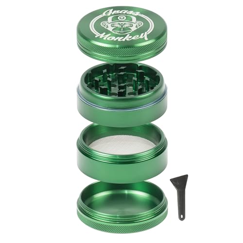 Aluminium Grinder - 4-Piece Diameter 6.3 cm - Robust Herb Grinder with Sharp Teeth & Sieve - Includes Shovel - Green
