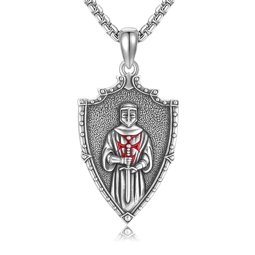 URONE Crusaders Templar Knights Necklace 925 Sterling Silver Armor of God Amulet Shield Pendant Protection Catholic Faith Jewelry Gifts for Men Women