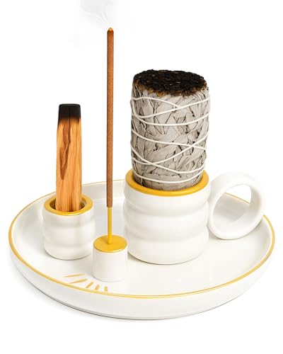 BS-VOG 4 in 1 Incense Holder, 15 cm Ceramic Incense Burner with Handle Golden